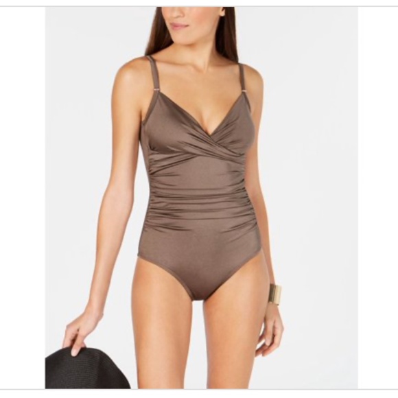 Calvin Klein Twist-Front Tummy-Control One-Piece Swimsuit, Bronze - Picture 1 of 4